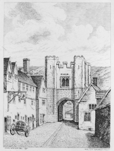 Bishopgate: Drawing by John Ninham 1791, shows Bishopgate, the hills in the distance are Mousehold Heath and show where Kett’s men would have led the attack from. 